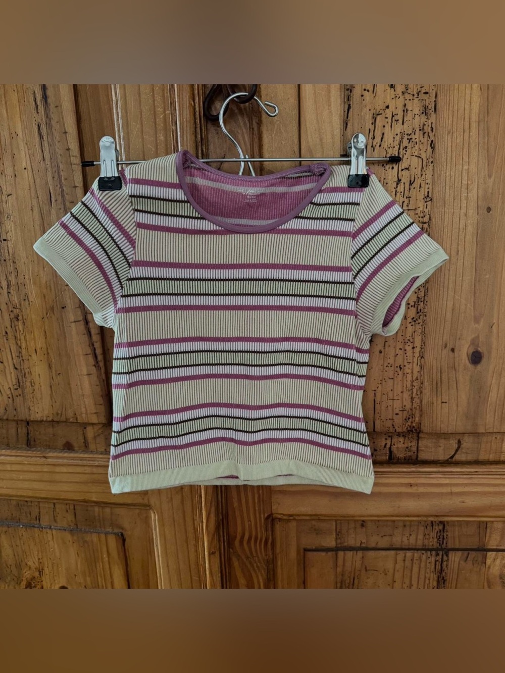 Urban Outfitters Striped Ribbed Crop Top in Cream, Mauve and Olive